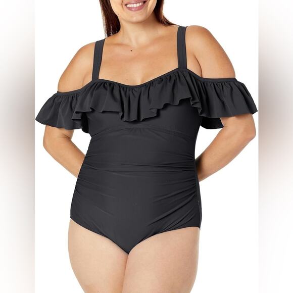 Avenue 26W Jungle Paradise 1Pc Ruffle 4X Black One Piece Swimsuit NEW! - Picture 1 of 12